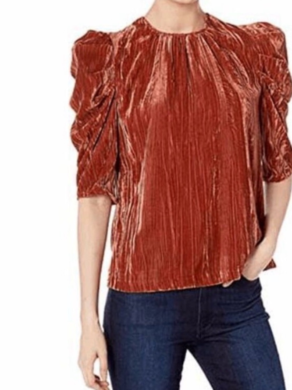 WAYF‎ Rust Orange Crushed Velvet Puff Sleeve Blouse Top Small